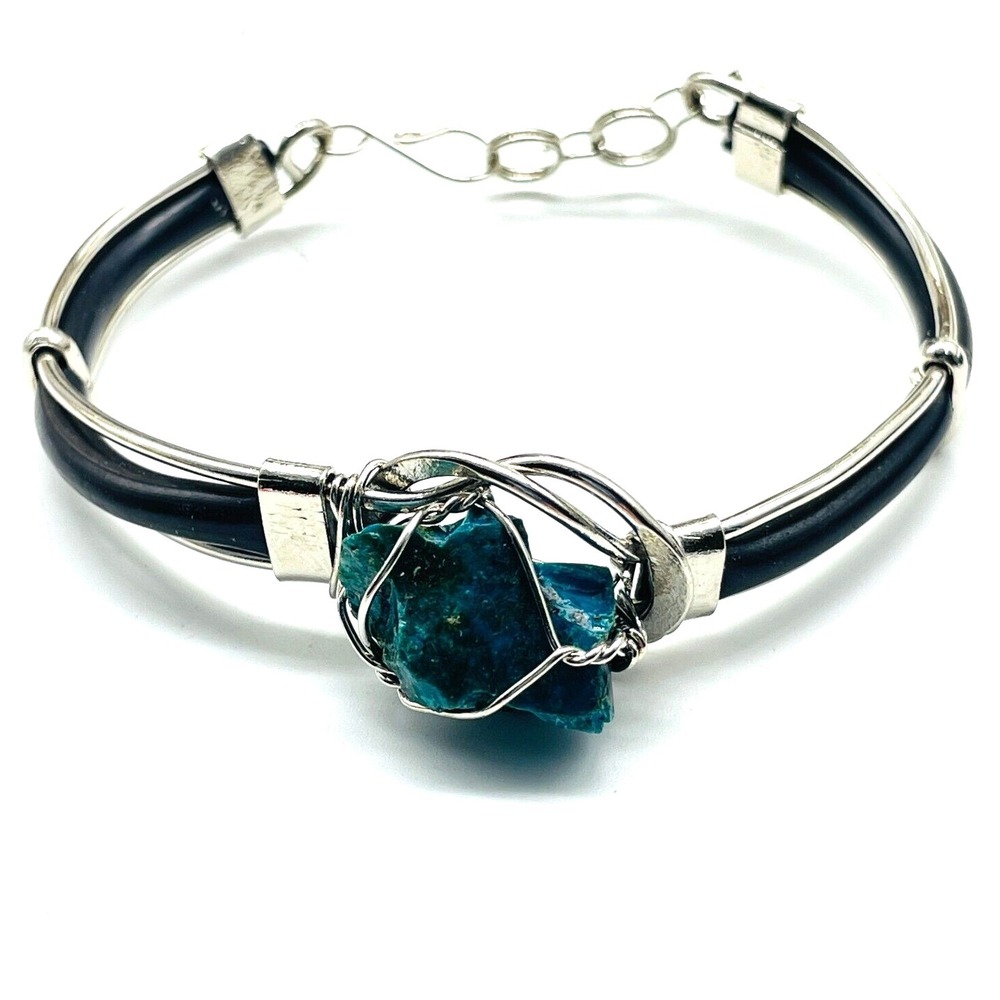 Blue Wire Wrapped Stone Bracelet Silver Tone Cuff Link Chain Adjustable
